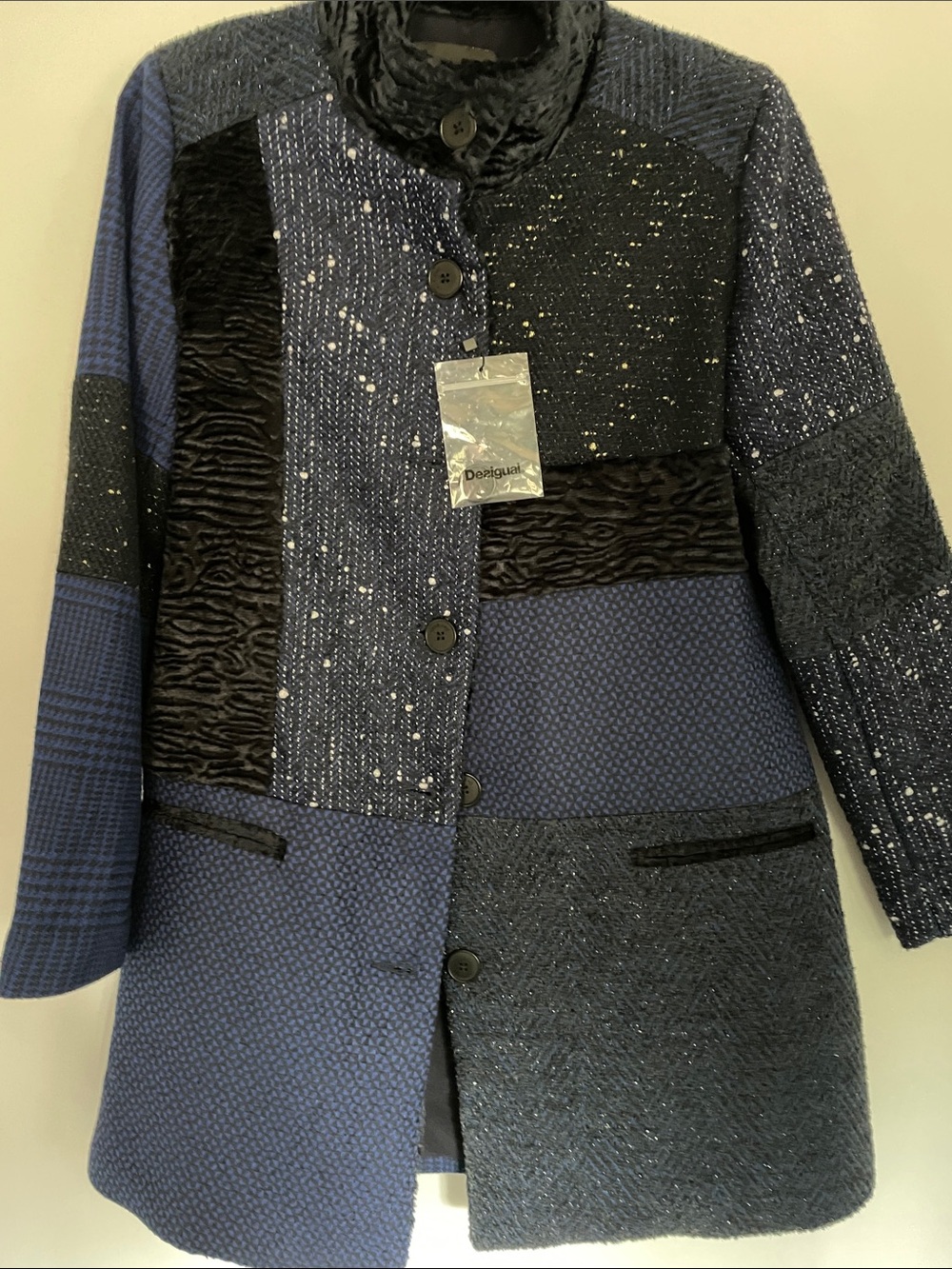Desigual Patchwork Blue and Black Sparkle Coat NWT EU 42